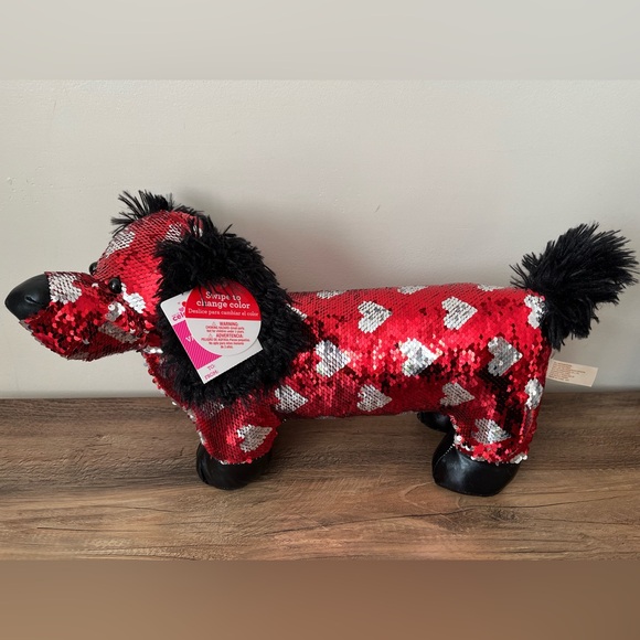 ✨Way to Celebrate✨Red and Black Hearts✨Flip Sequin Dachshund✨11” Plush✨ - Picture 5 of 11